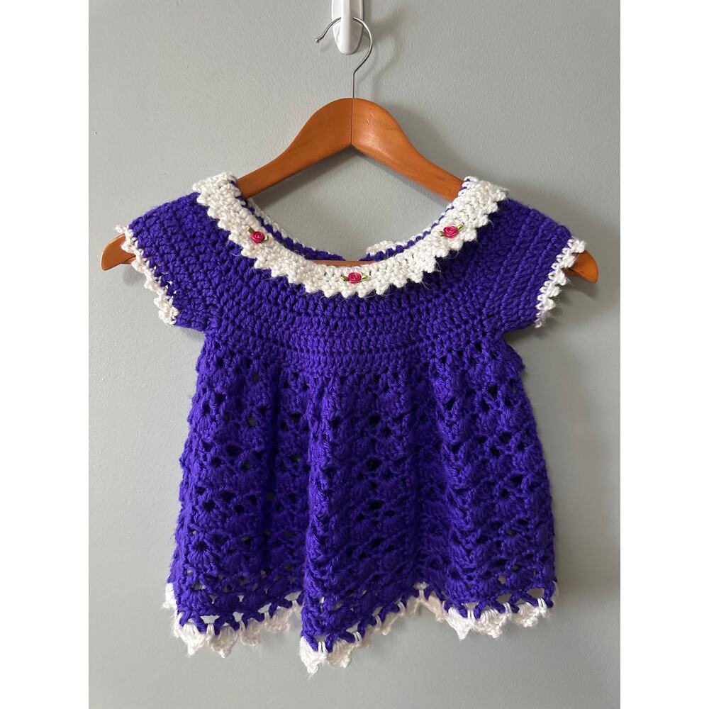 Handmade Crochet Baby Dress 18-24 Months Purple White Knit Toddler Boutique